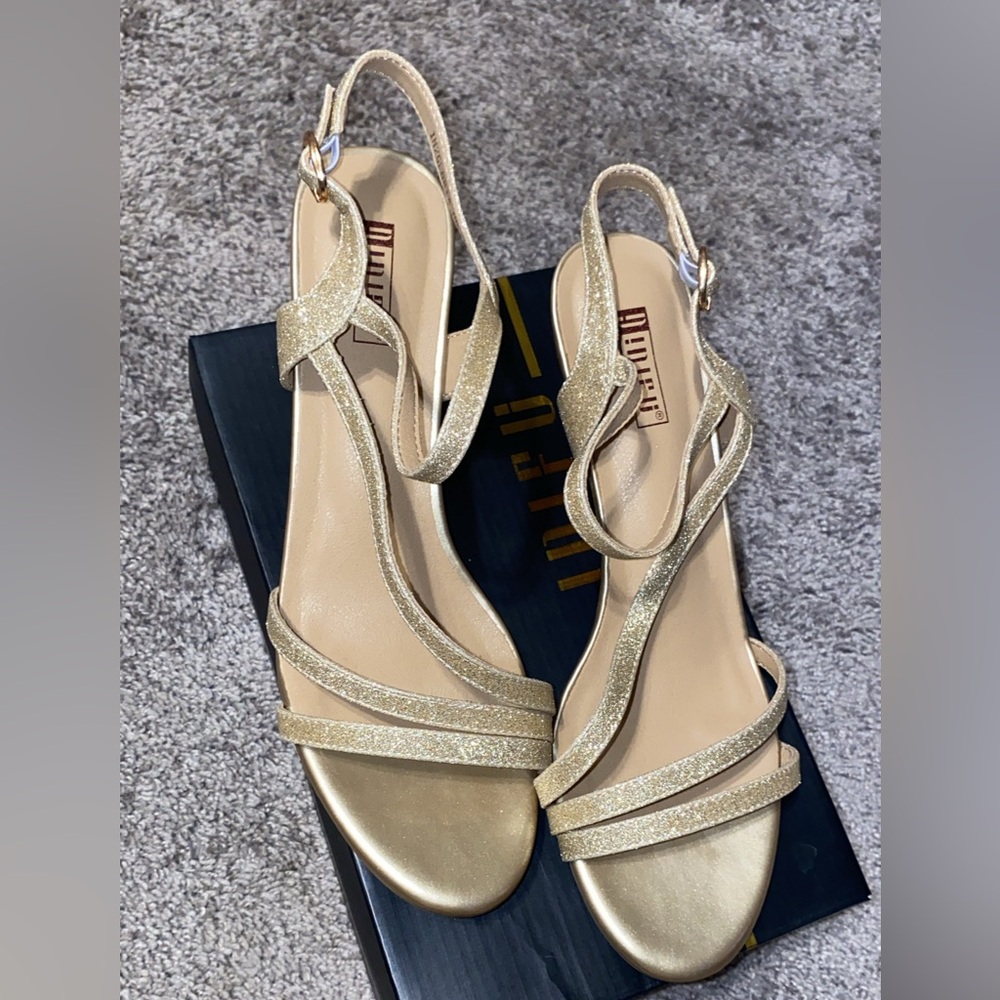 Brand new in box, gold glitter low heels